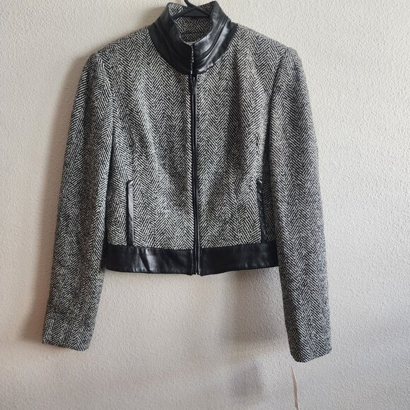 Alberto Makali Jacket Womens 12 Black White Wool Leather Moto Style Full Zip NWT - Picture 2 of 12
